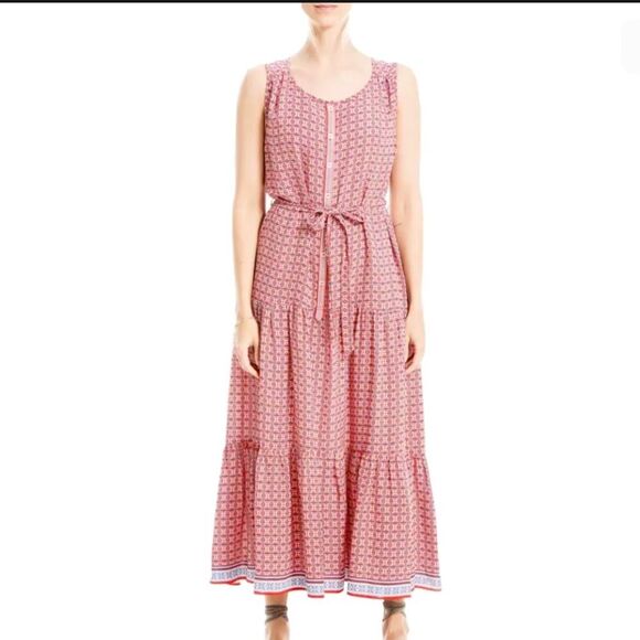 Max Studio Red Geo Printed Belted Maxi Dress M - Picture 1 of 5